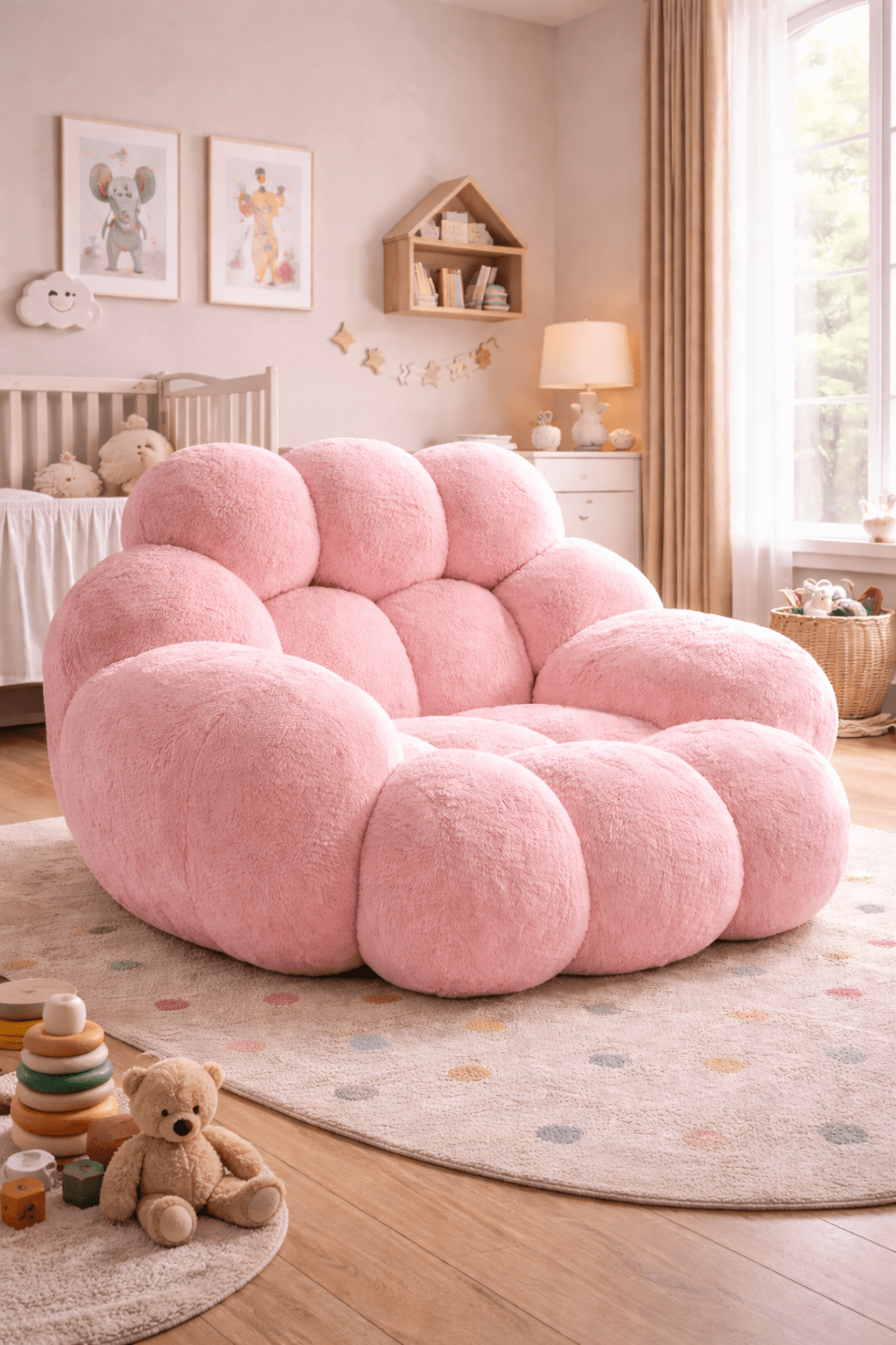 Oversized blush pink plush chair styled in a modern nursery with soft décor