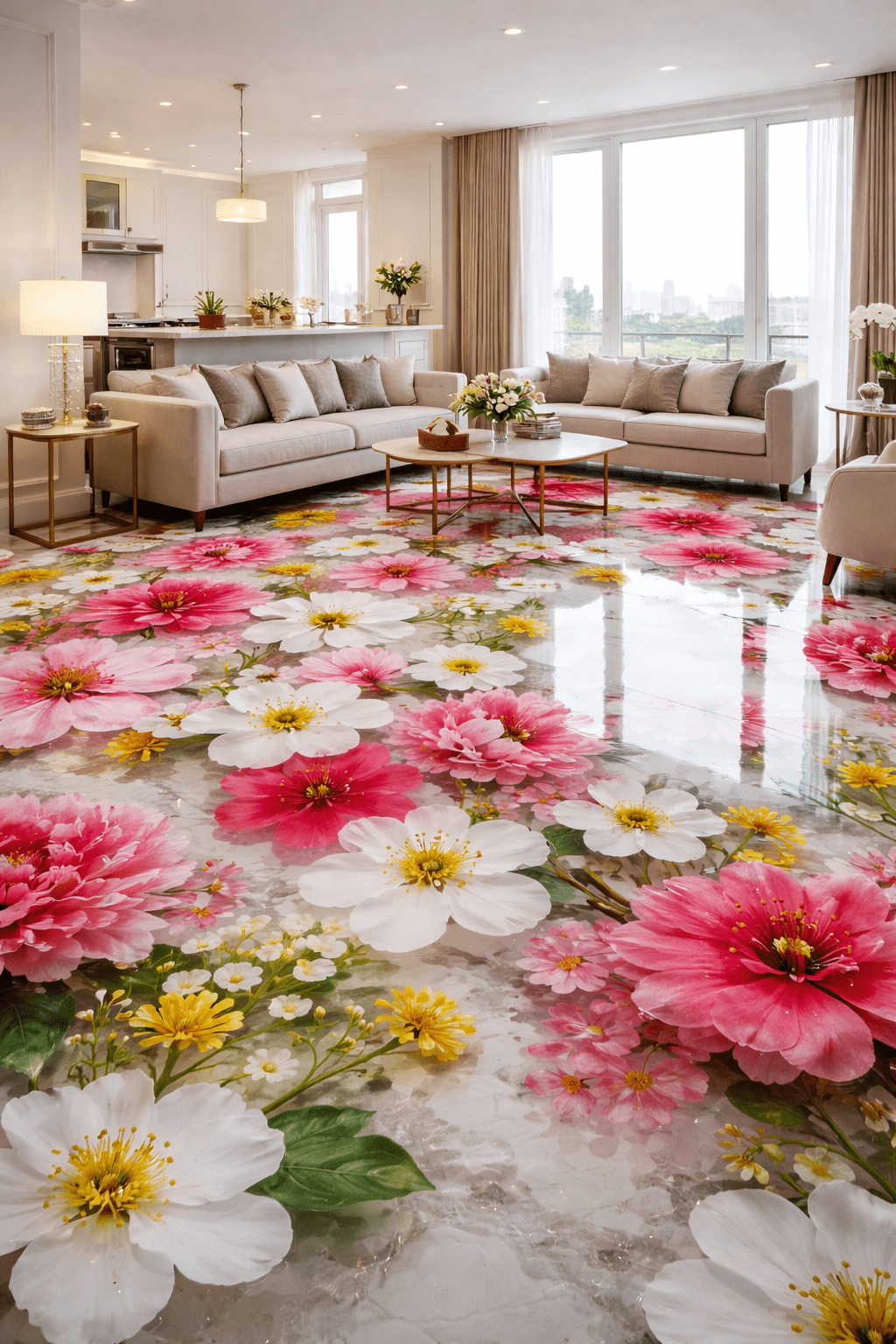 Pink blossom epoxy resin floor creating a glossy floral living room design