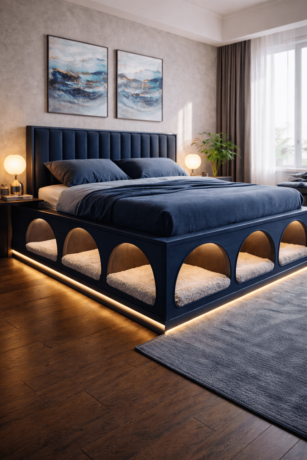 Stylish Sleep Solution:Navy blue bed with built-in dog and cat sleeping compartments and ambient lighting