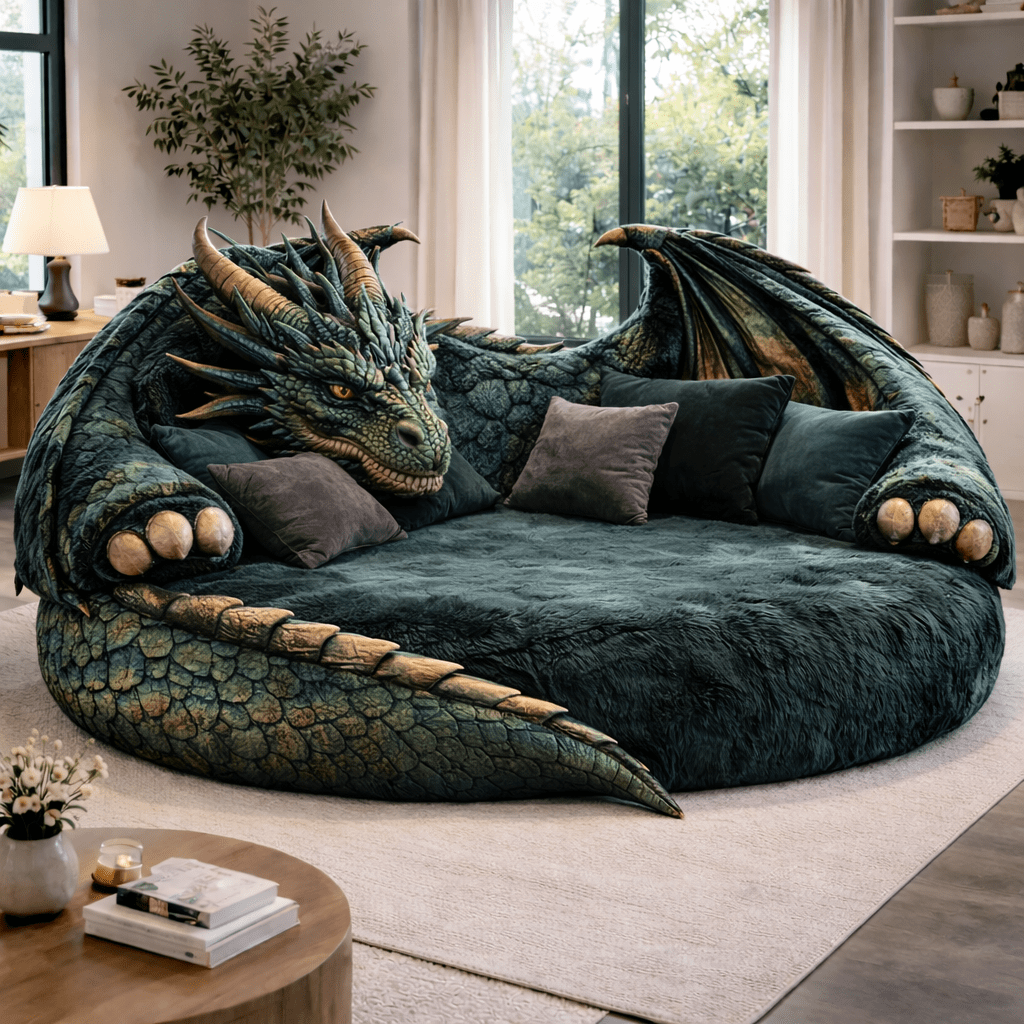 Green dragon-shaped lounge sofa with textured scales and fantasy styling