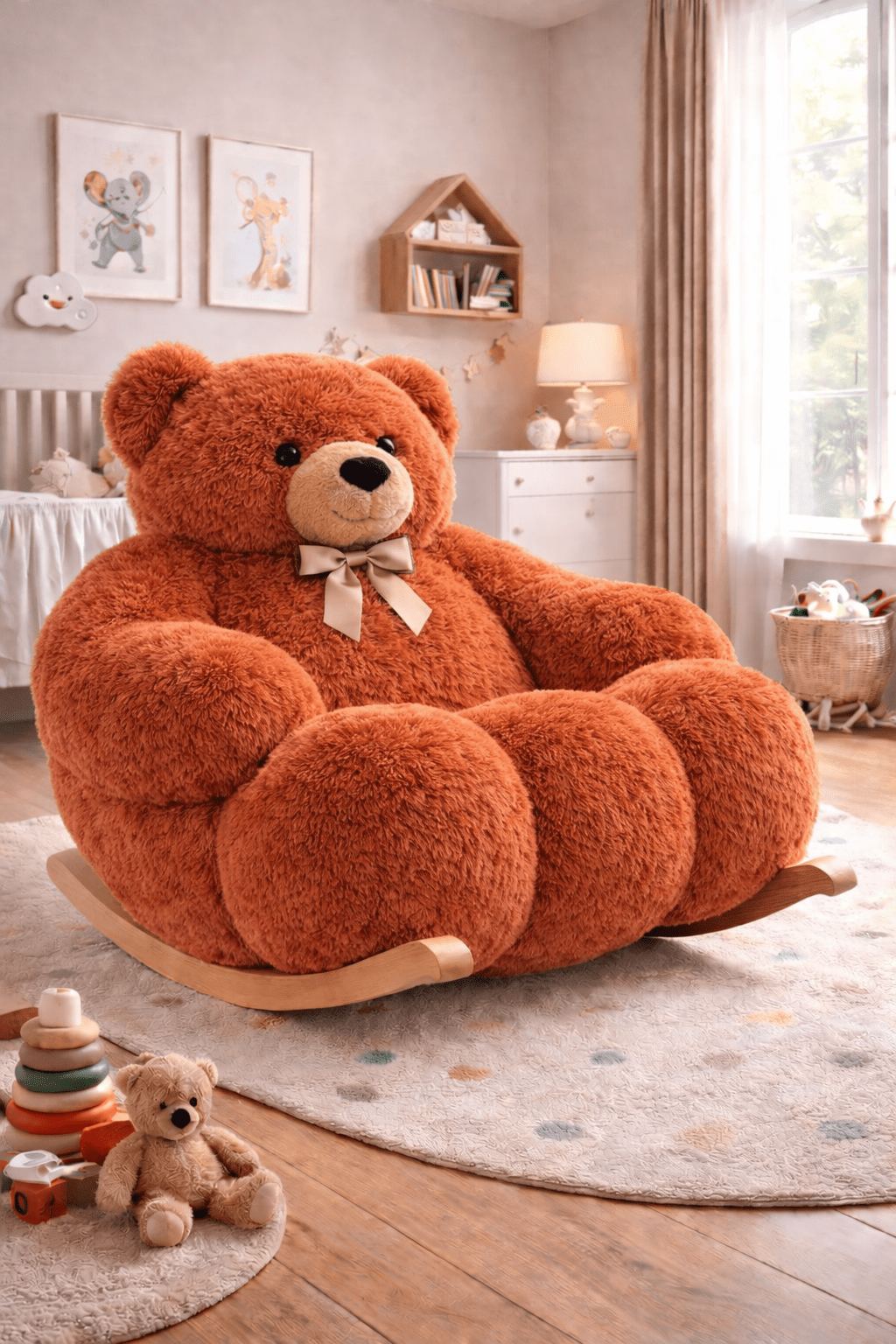 Oversized chestnut brown teddy bear rocking chair styled in a calm children’s bedroom
