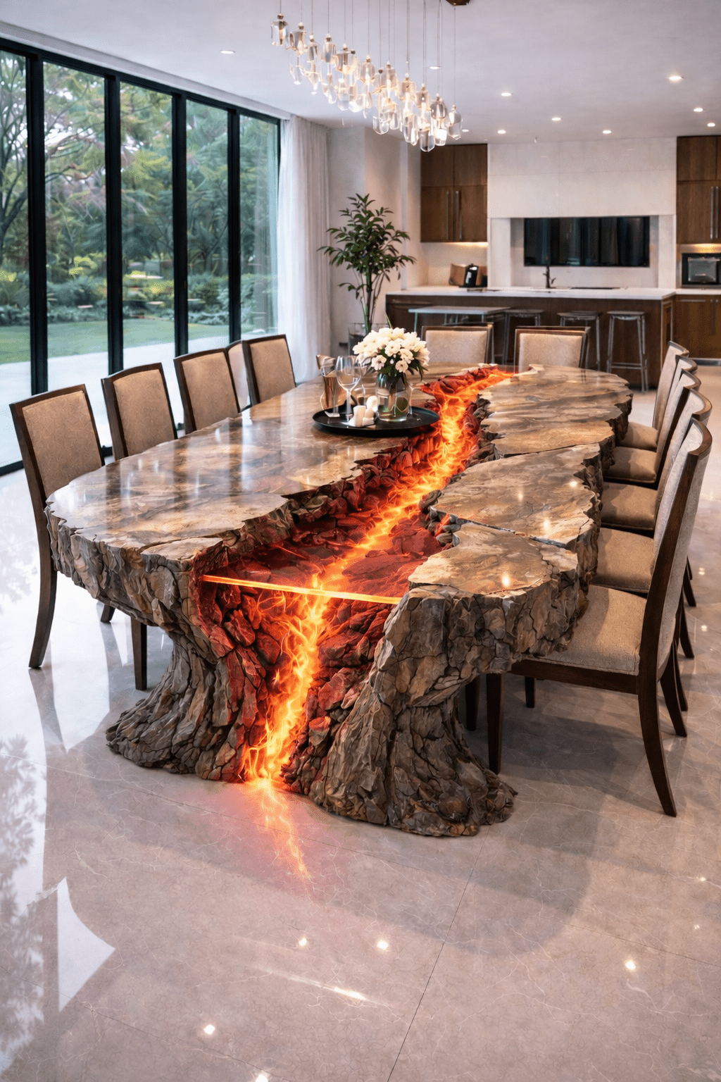 Luxury dining table with fiery orange resin rift resembling molten lava