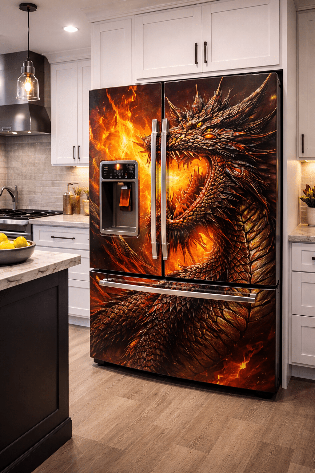 Fiery dragon fridge wrap featuring blazing flames in a contemporary white kitchen