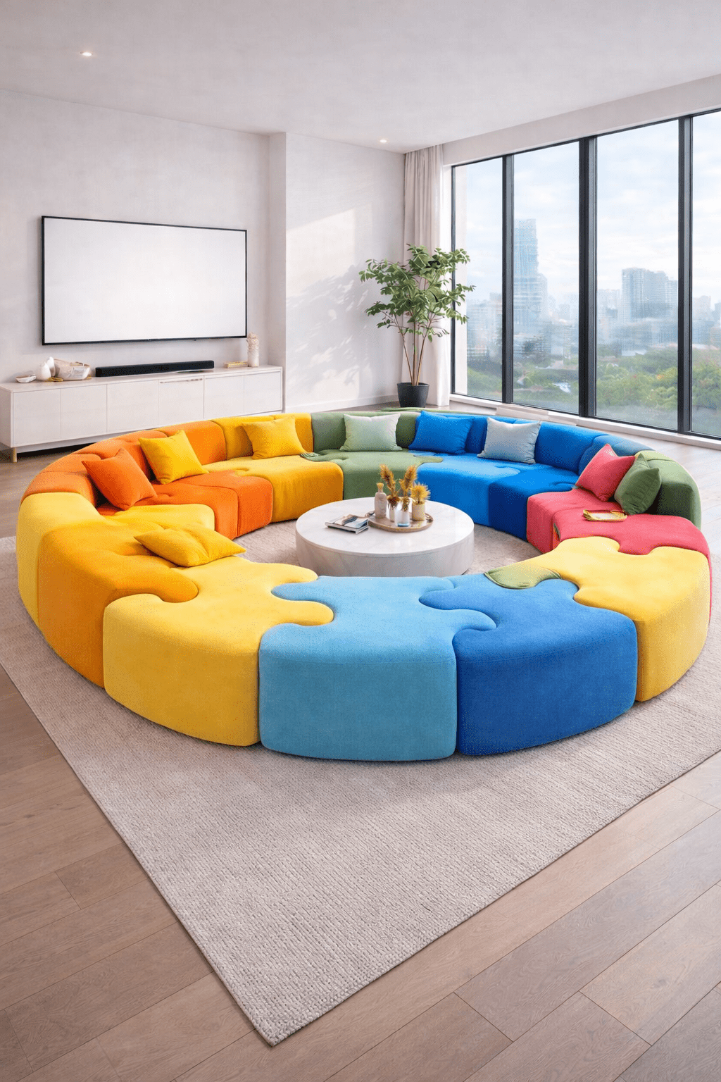 Bright multi-colour circular modular sofa creating a bold statement in a contemporary living room