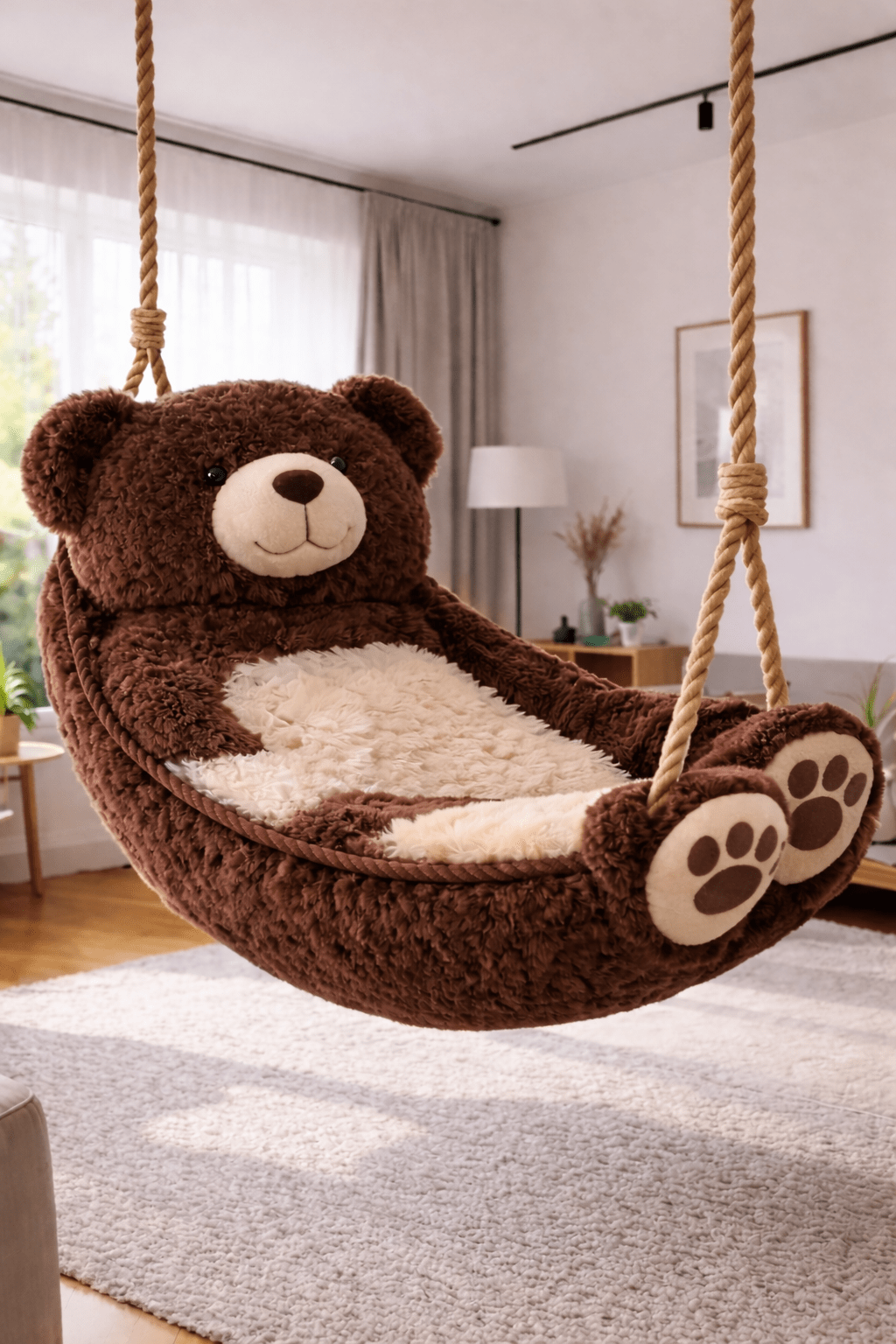 Chocolate brown teddy bear swing chair with plush padded seating