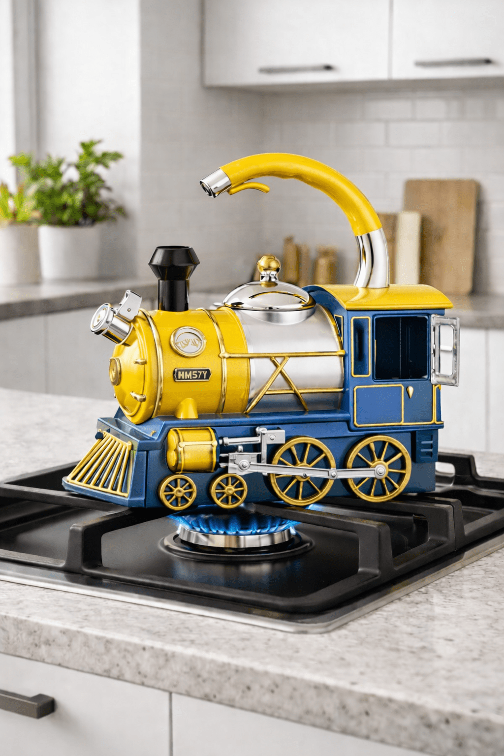 Yellow and blue luxury train-shaped electric kettle displayed on a modern kitchen stovetop