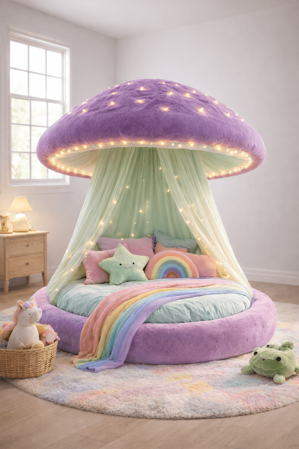 Purple children’s bed with net canopy and fairy lights