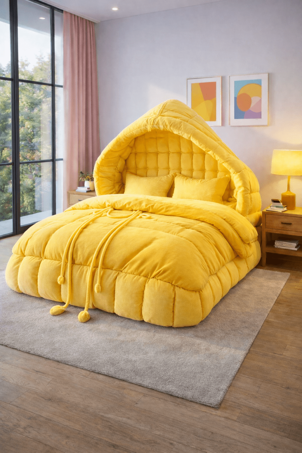 Yellow plush hoodie bed adding warmth and character to a modern bedroom