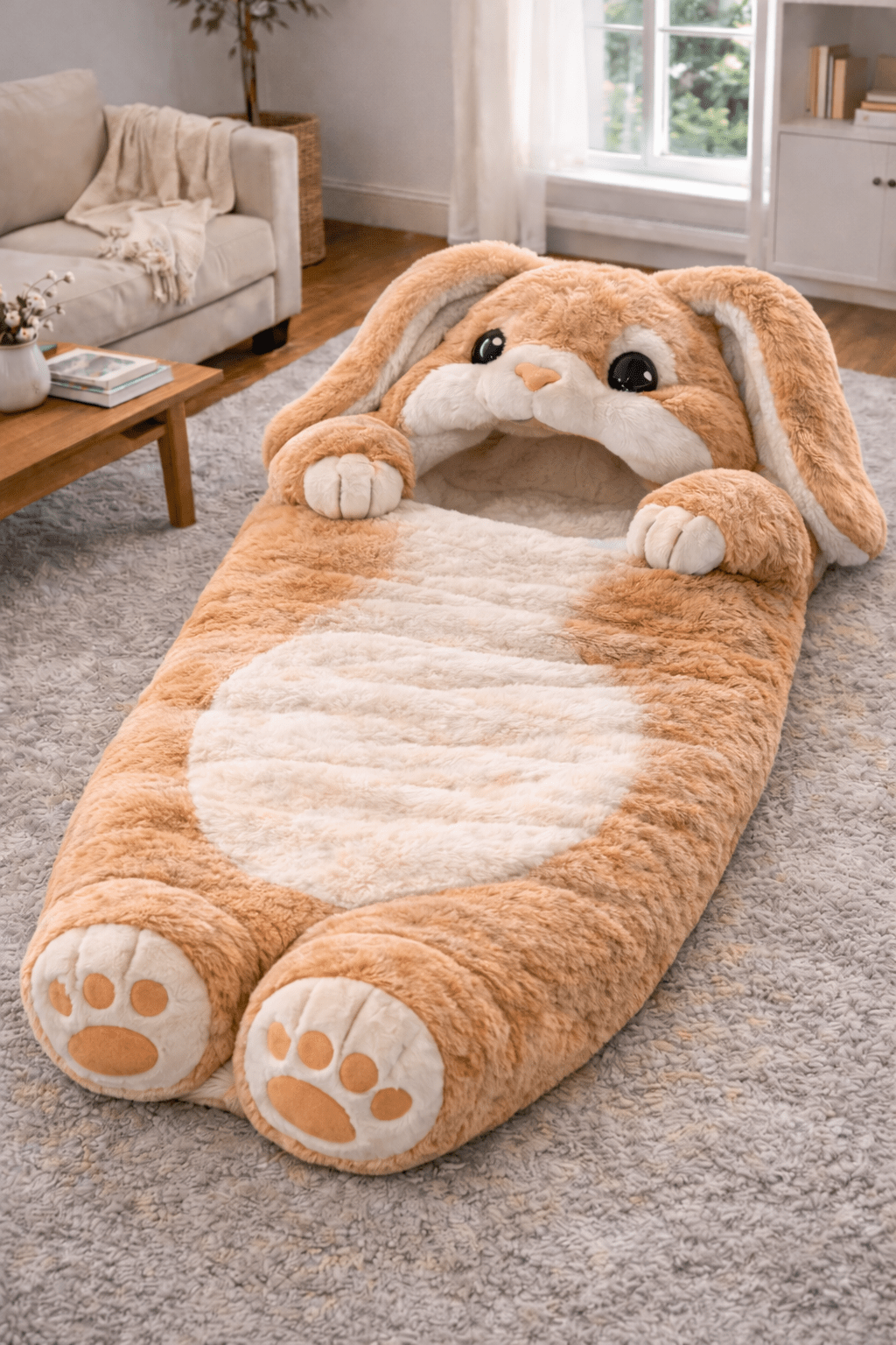 Brown rabbit-shaped plush sleeping bag with fluffy ears and paw details on carpeted floor