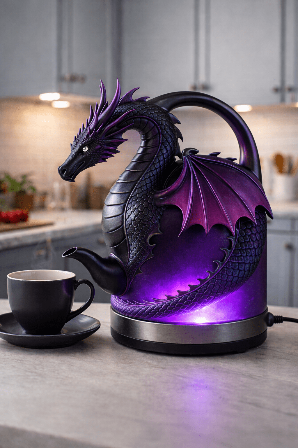 Purple dragon shaped electric kettle with glowing LED base on a modern kitchen countertop