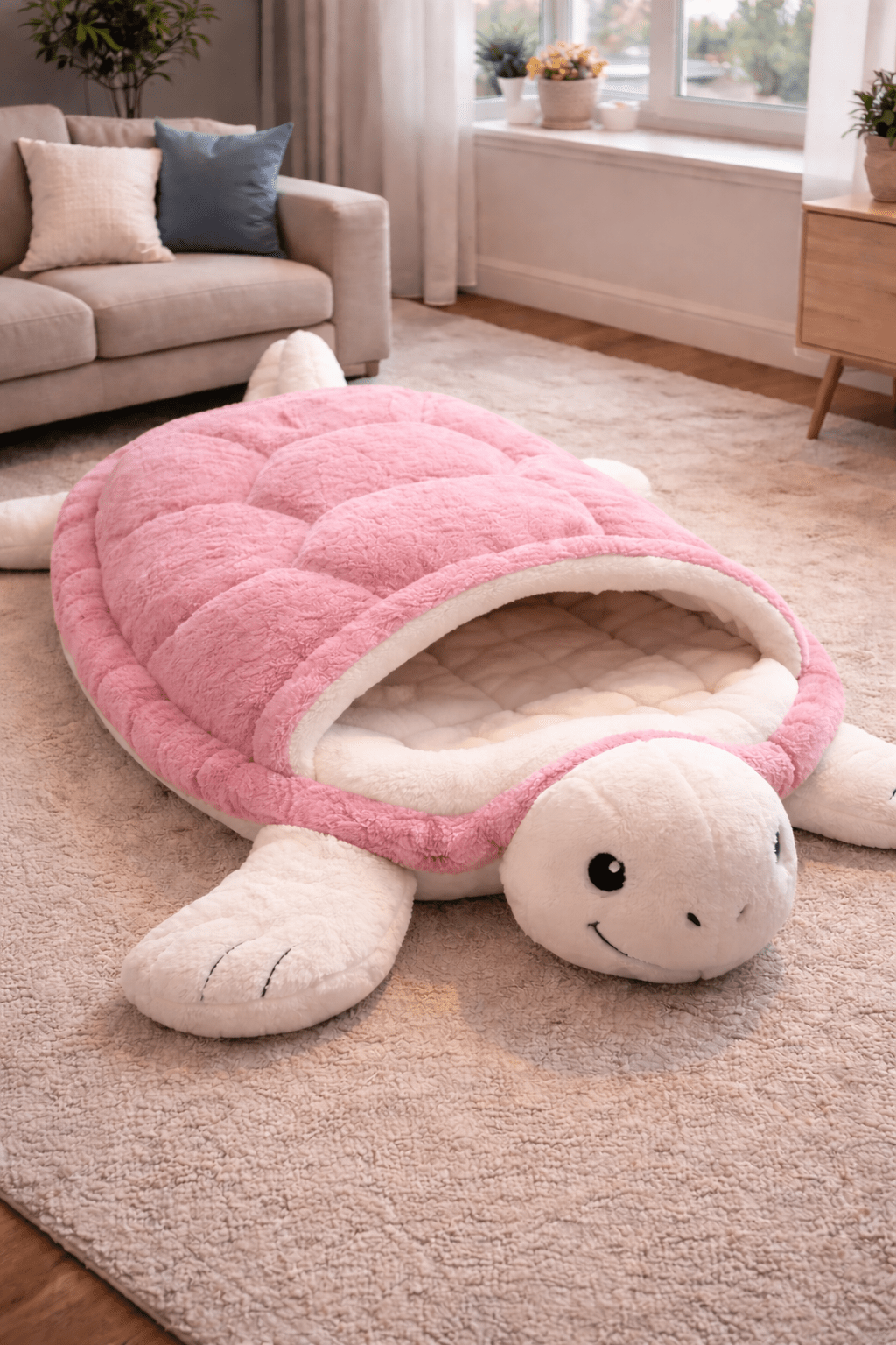 Pink turtle sleeping bag with soft plush shell design on living room rug