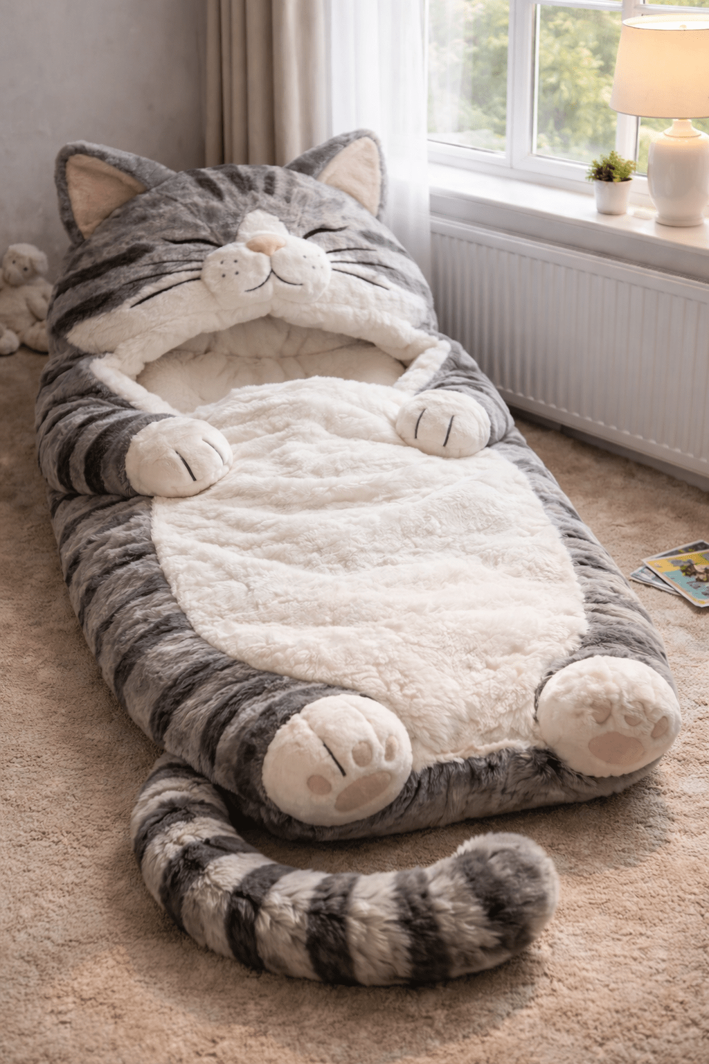 Oversized grey tabby cat sleeping bag plush bed for children’s bedrooms