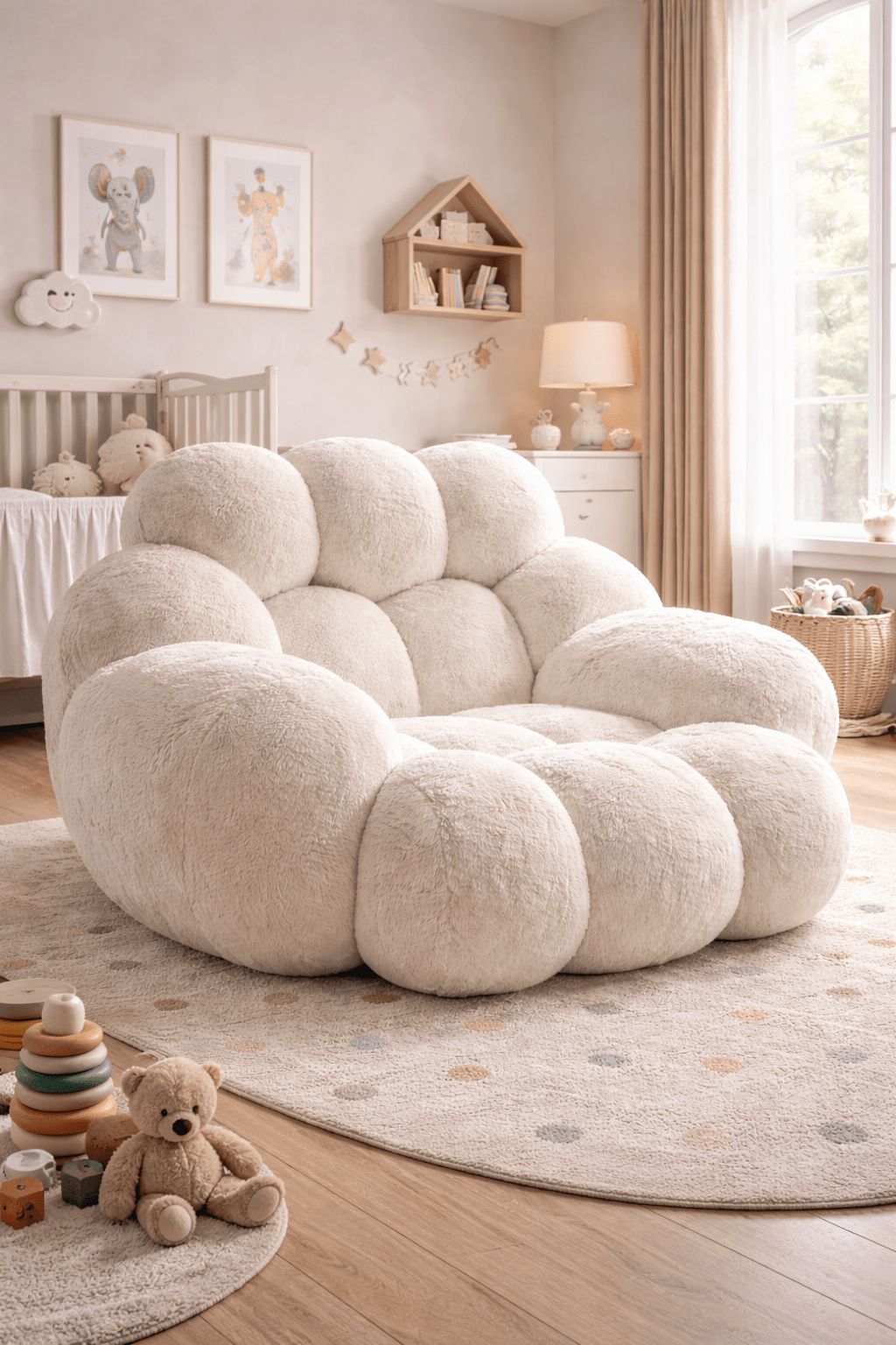 Creamy white oversized plush bubble chair placed on a soft rug in a neutral nursery