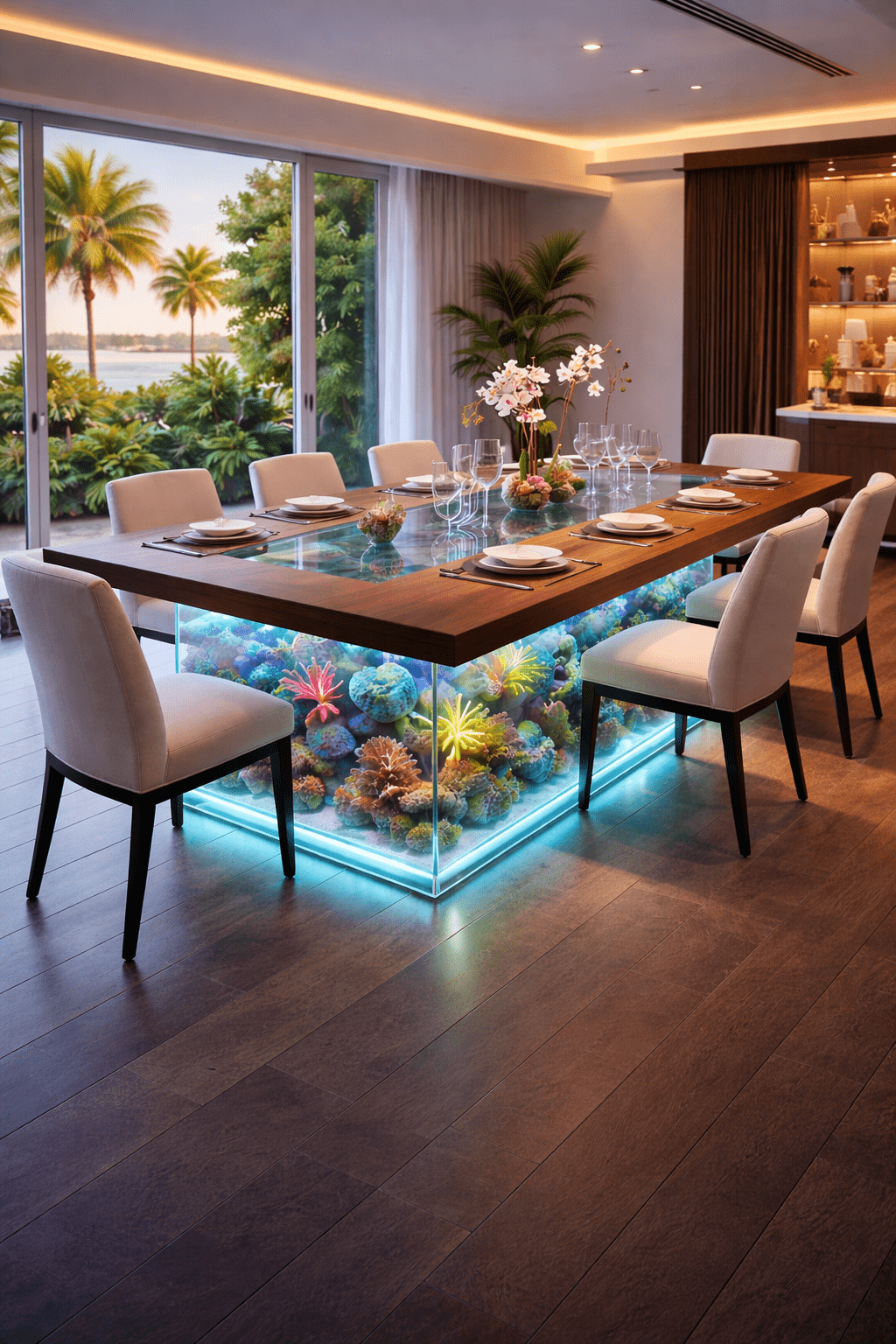 Rectangular luxury aquarium dining table featuring colourful coral reef design in a modern open-plan interior