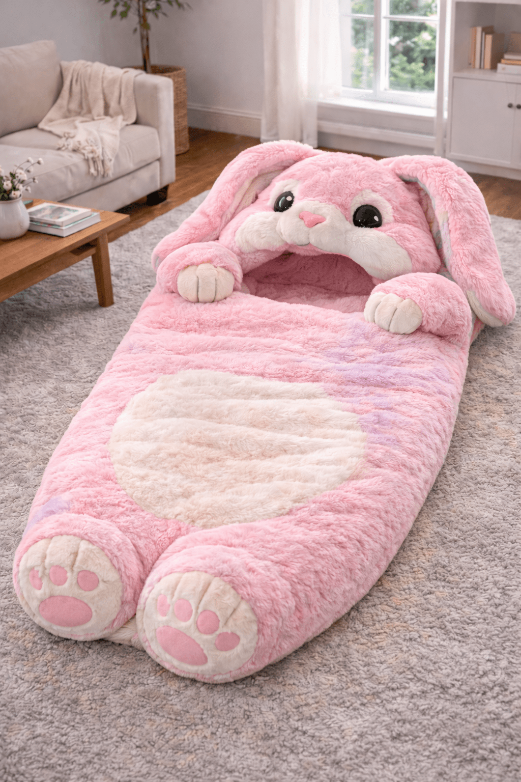 Soft pink plush bunny sleeping bag with rabbit hood and padded paws in cosy living room