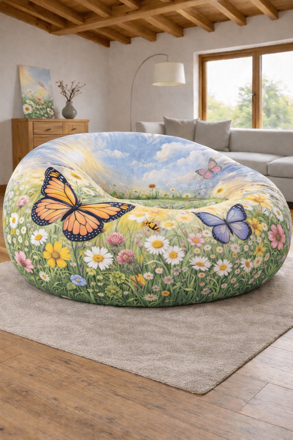 Bright meadow-themed bean bag chair with butterflies, daisies, blue sky, and nature-inspired artwork
