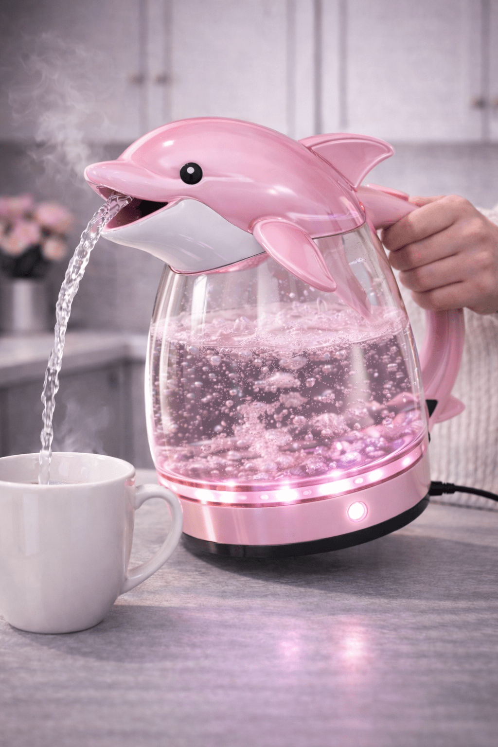 Pink dolphin-shaped LED electric kettle glowing while pouring hot water