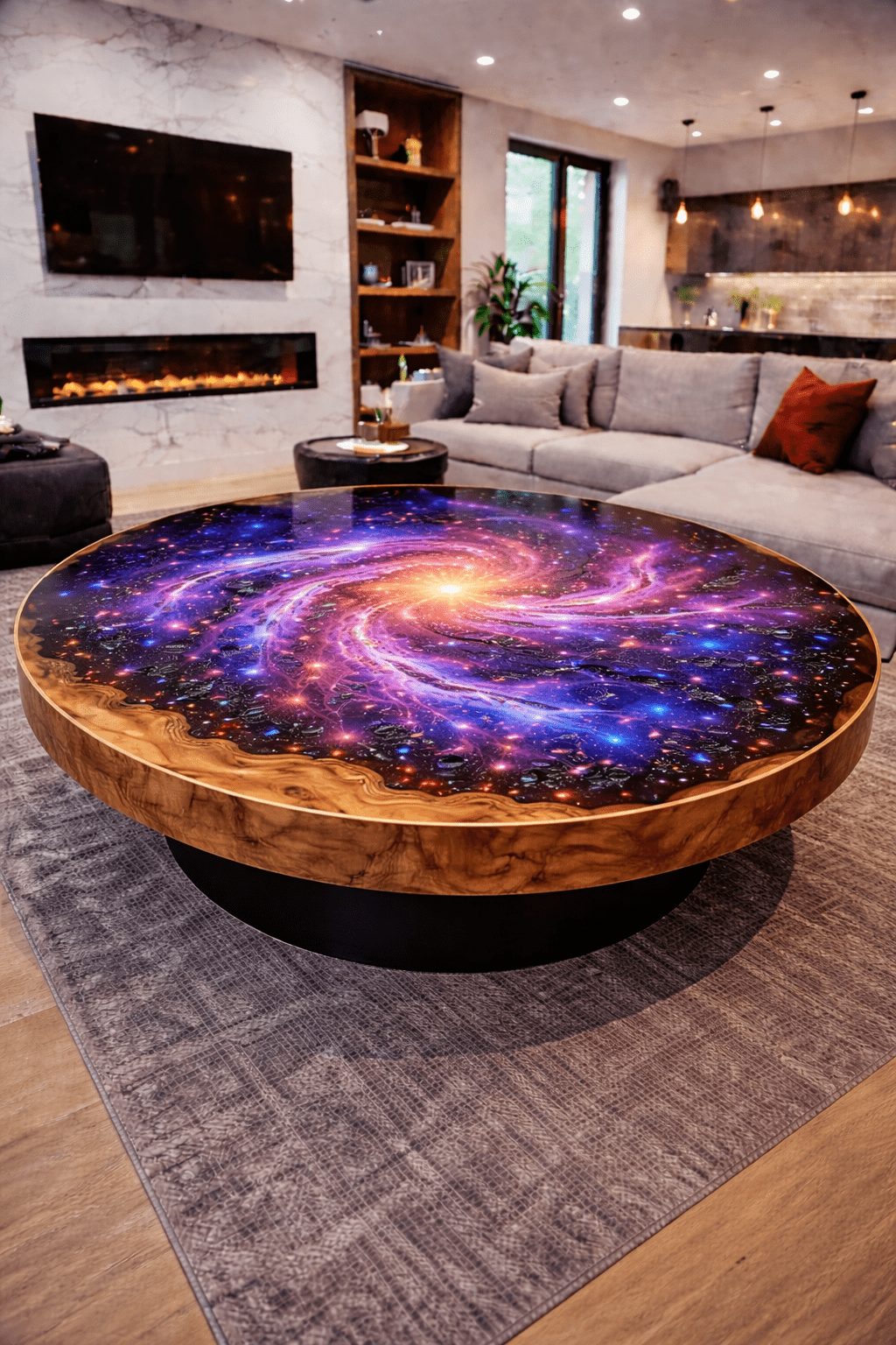Round galaxy resin coffee table showcasing swirling universe design and glowing core