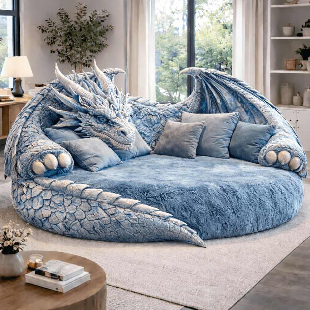 Ice blue dragon-shaped lounge sofa featuring detailed scales and soft seating