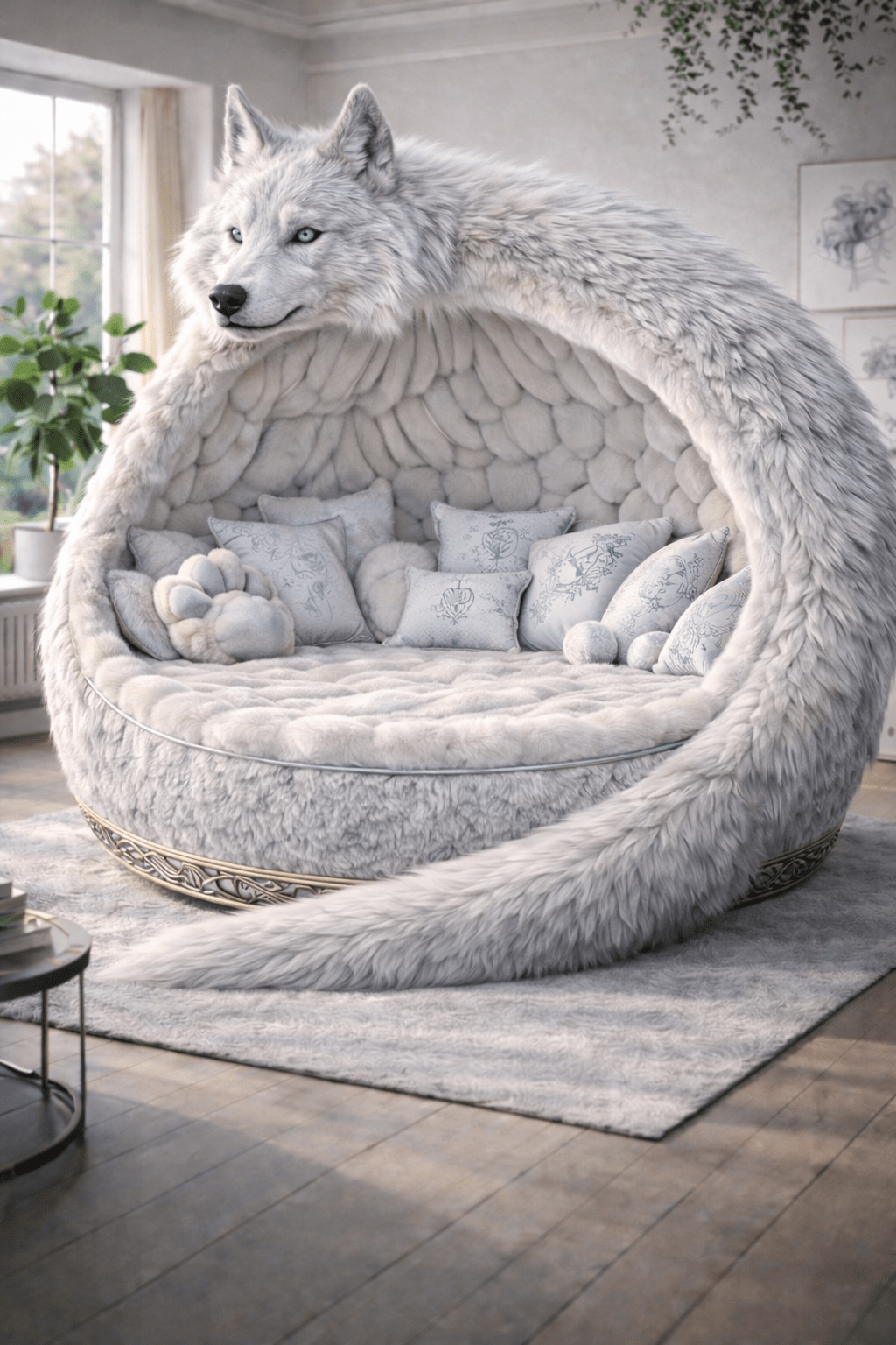 White wolf pod sofa with faux fur cocoon design and luxury round seating