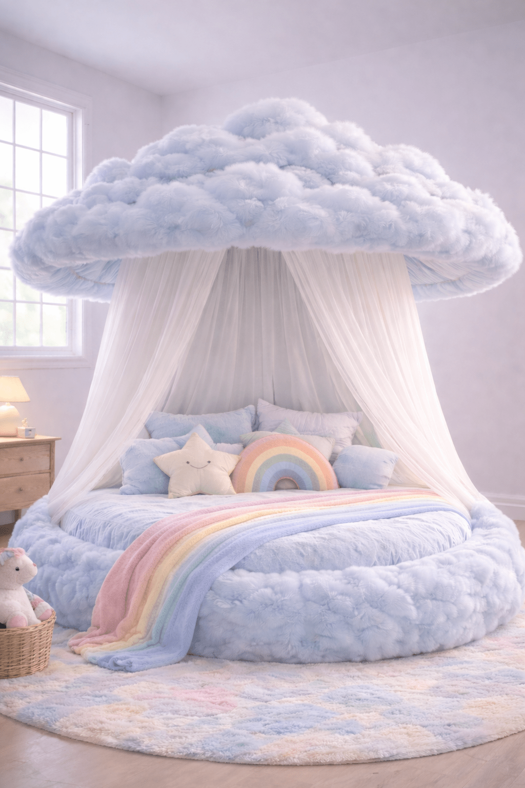 Soft blue cloud-shaped canopy bed with pastel cushions and rainbow blanket