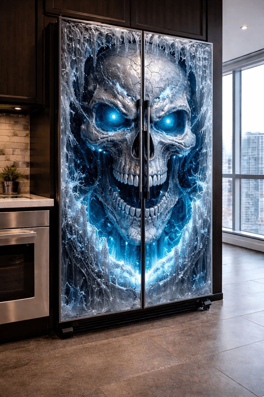 Ice-themed skull fridge with glowing blue eyes in a modern luxury kitchen