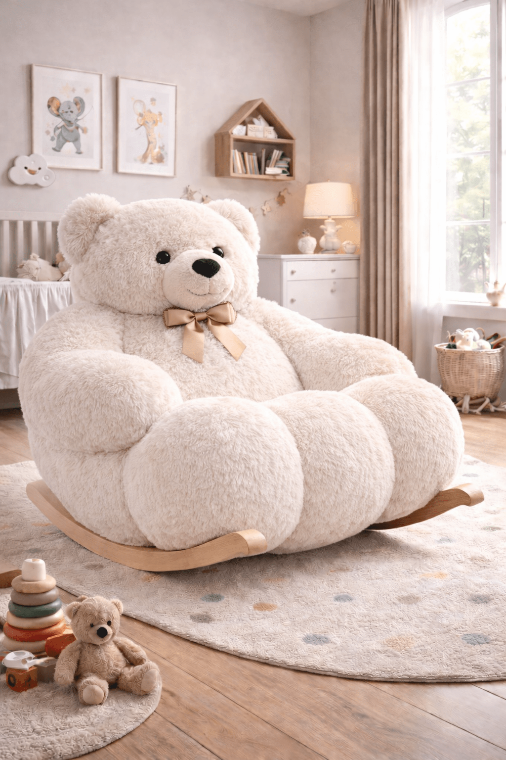 Cream ivory oversized teddy bear rocking chair creating a cosy nursery seating area