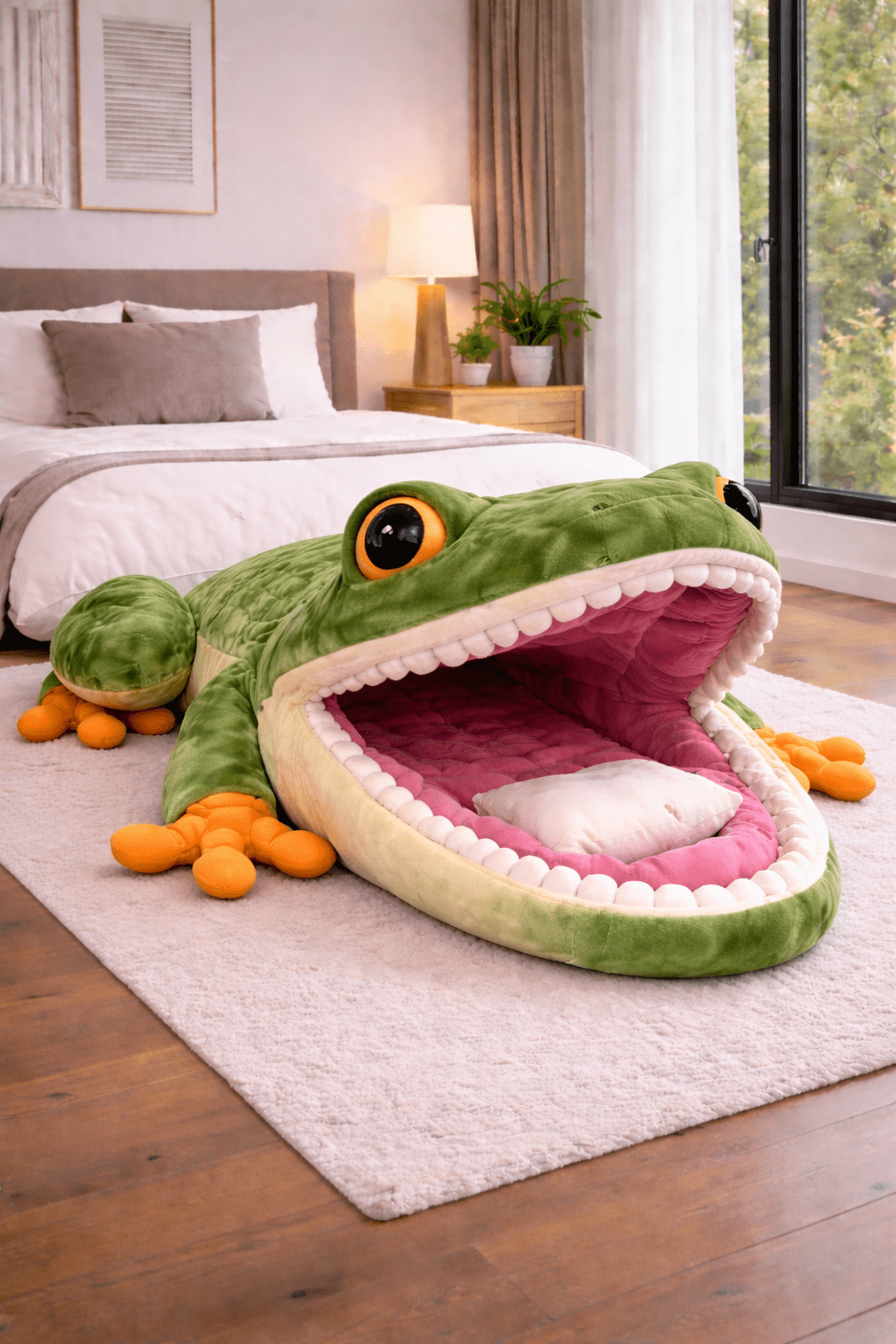 Oversized frog sleeping bag with open mouth design in modern bedroom setting