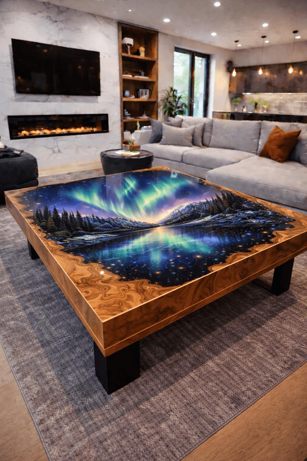 High-gloss resin coffee table inspired by Northern Lights with scenic landscape design