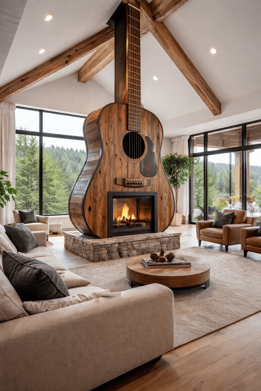 Large acoustic guitar-shaped fireplace made from reclaimed wood in an open-plan living space