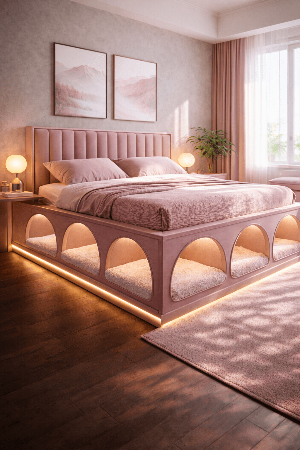 Blush pink human bed with built-in sleeping compartments for cats and dogs