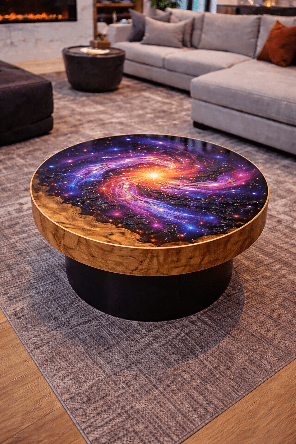 Space-inspired resin coffee table with wood surround and deep cosmic artwork