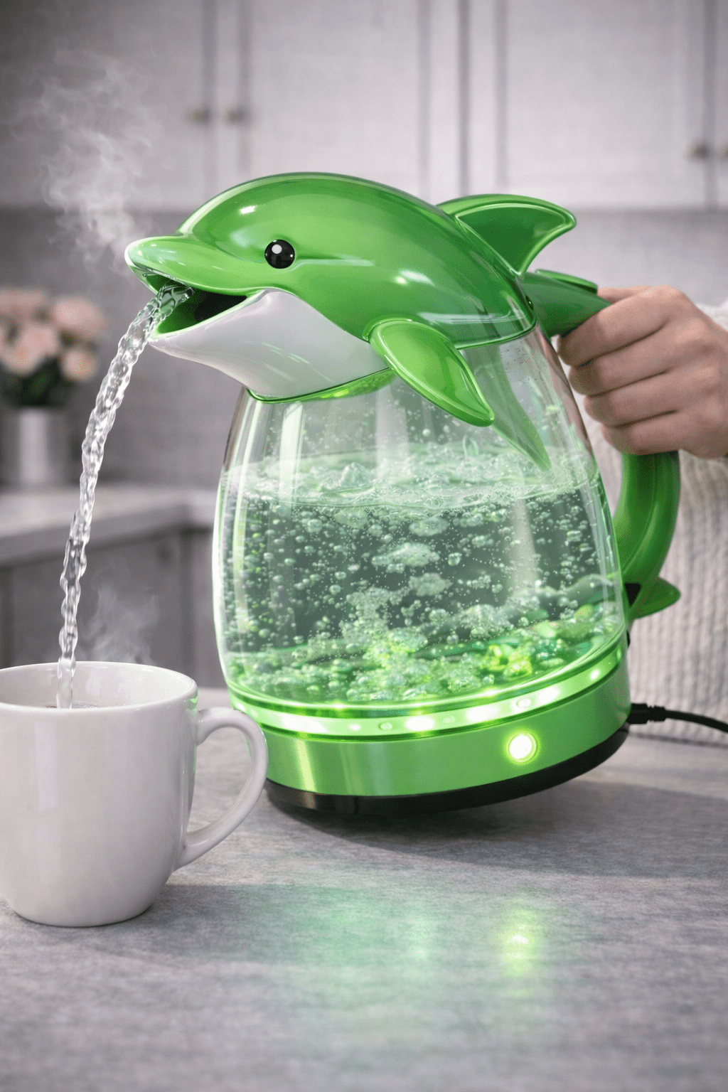 Green dolphin LED electric kettle with bubbling water and glowing base