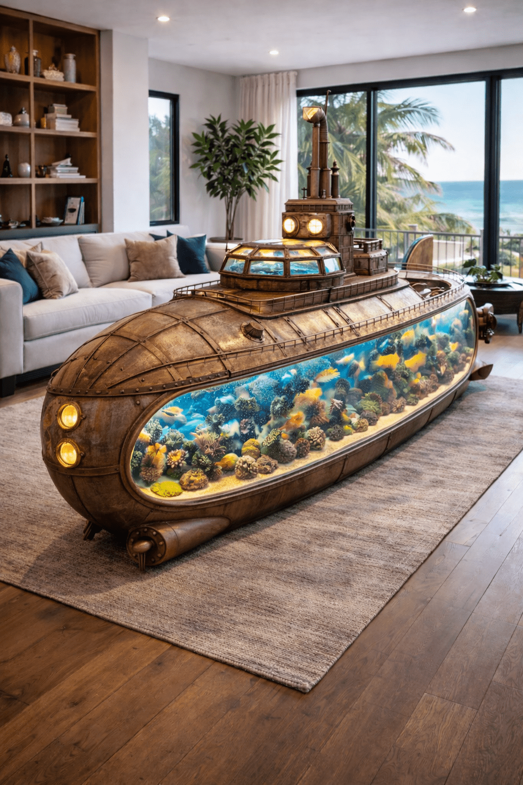 Steampunk submarine aquarium coffee table featuring porthole windows and illuminated marine tank