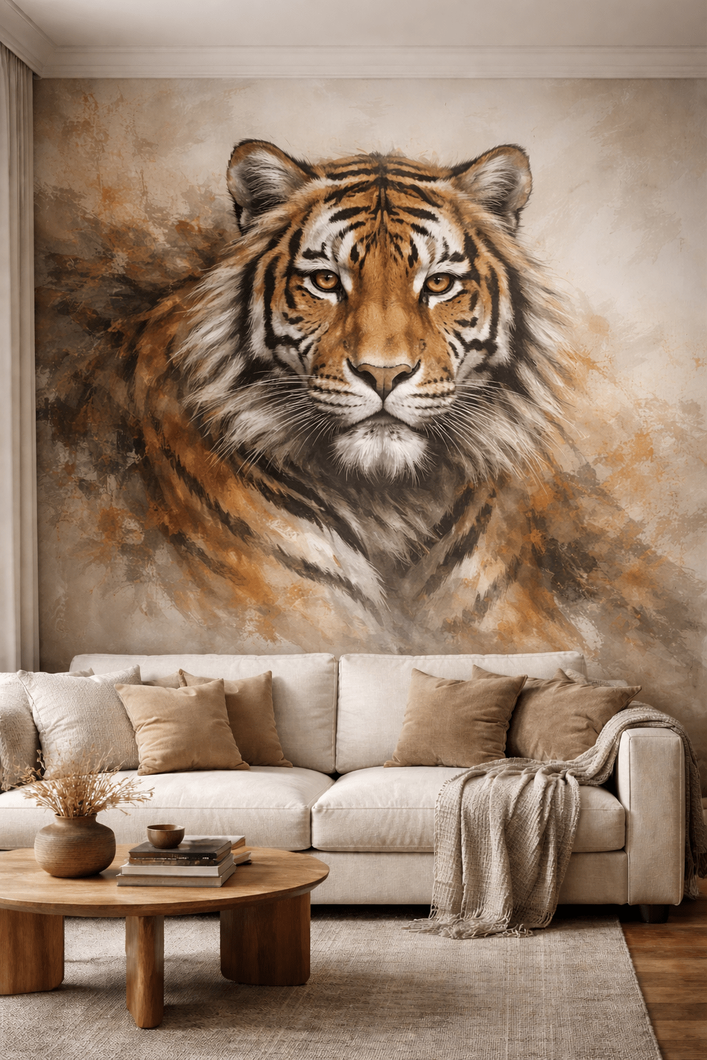 Tiger safari wall mural with soft brush textures in a contemporary living room