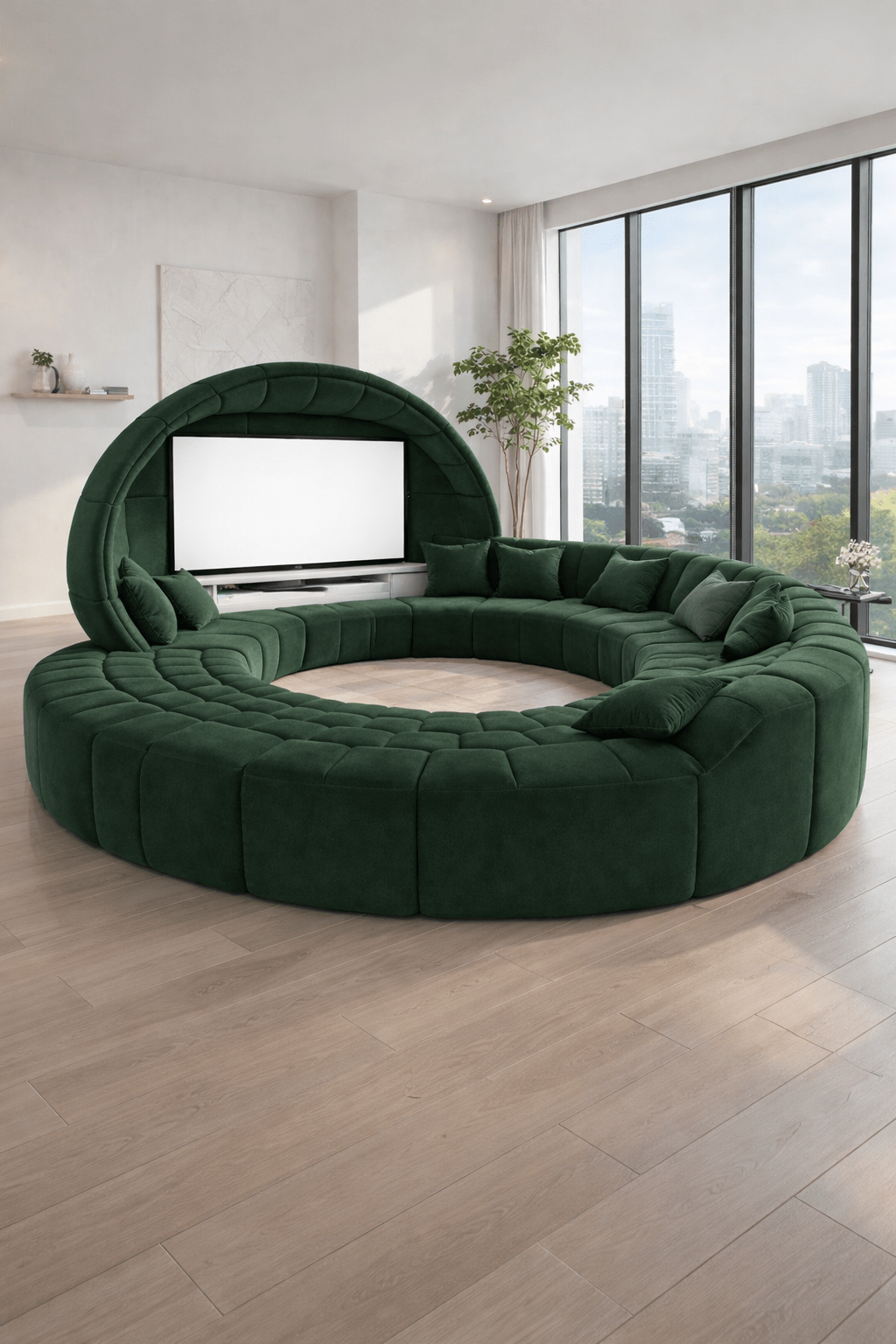 Deep green circular modular sofa featuring an integrated television unit