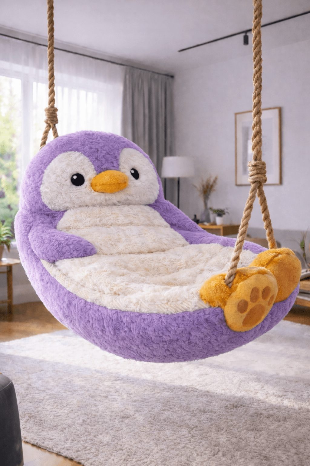 Purple swing chair suspended in a bright contemporary living room