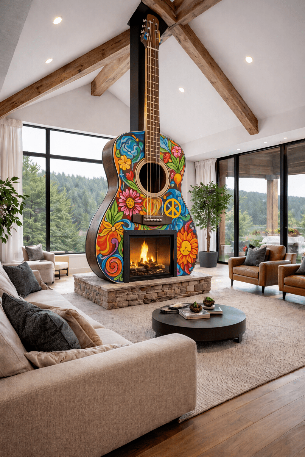 Hand-painted floral guitar-shaped fireplace with peace symbols in modern home