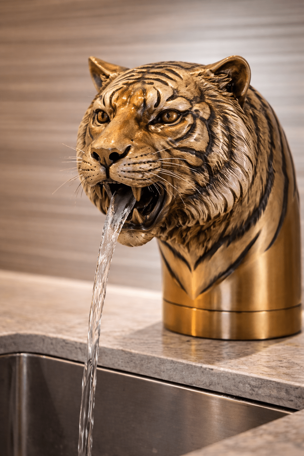 Gold tiger head tap with water flowing from mouth in modern kitchen