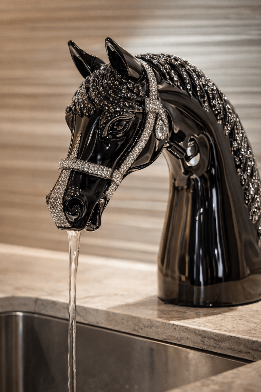 Black horse head faucet with crystal bridle and flowing water