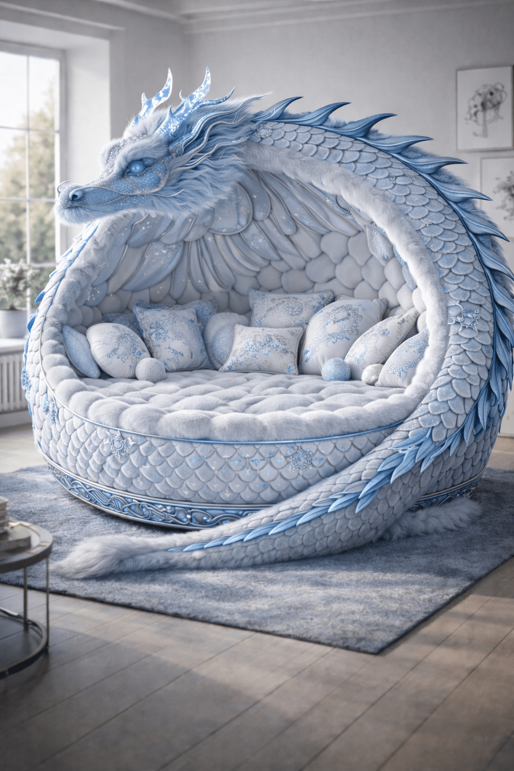 Ice blue dragon pod sofa with plush cushions in a modern living room