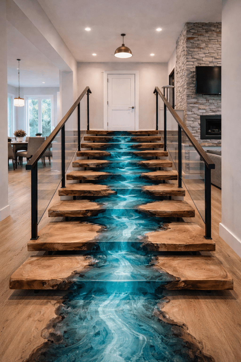 Modern epoxy river staircase with glowing blue resin and live-edge wooden steps