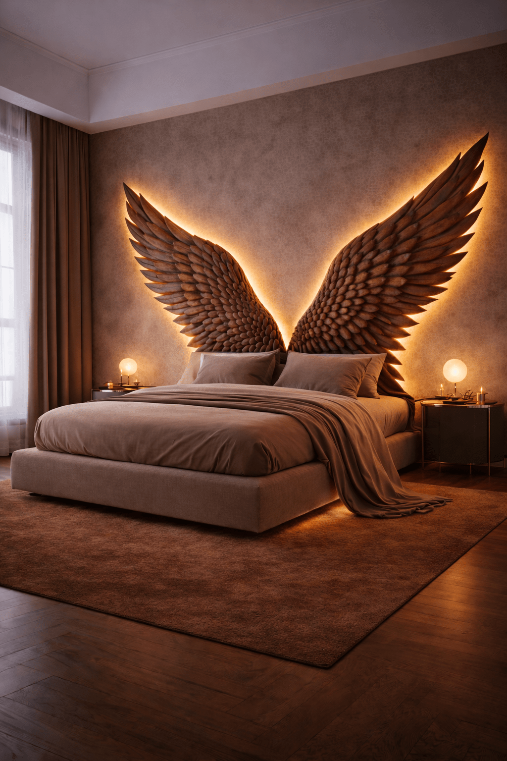 Bronze angel wing headboard with warm LED backlighting in modern bedroom