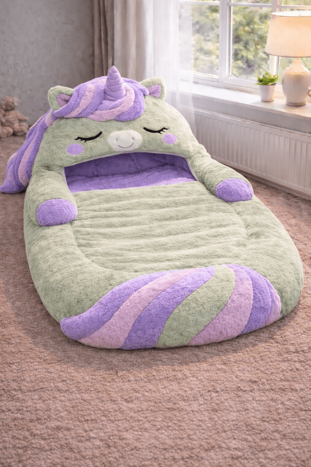 Plush pastel green and purple unicorn sleeping bag with hooded design in a cosy bedroom