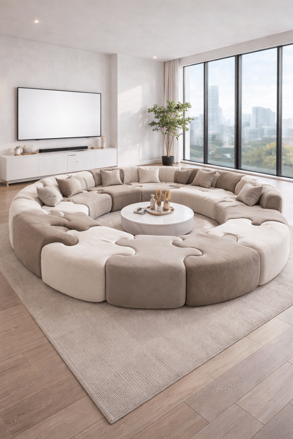 Neutral-toned circular modular sofa arranged around a round coffee table in a modern apartment living space
