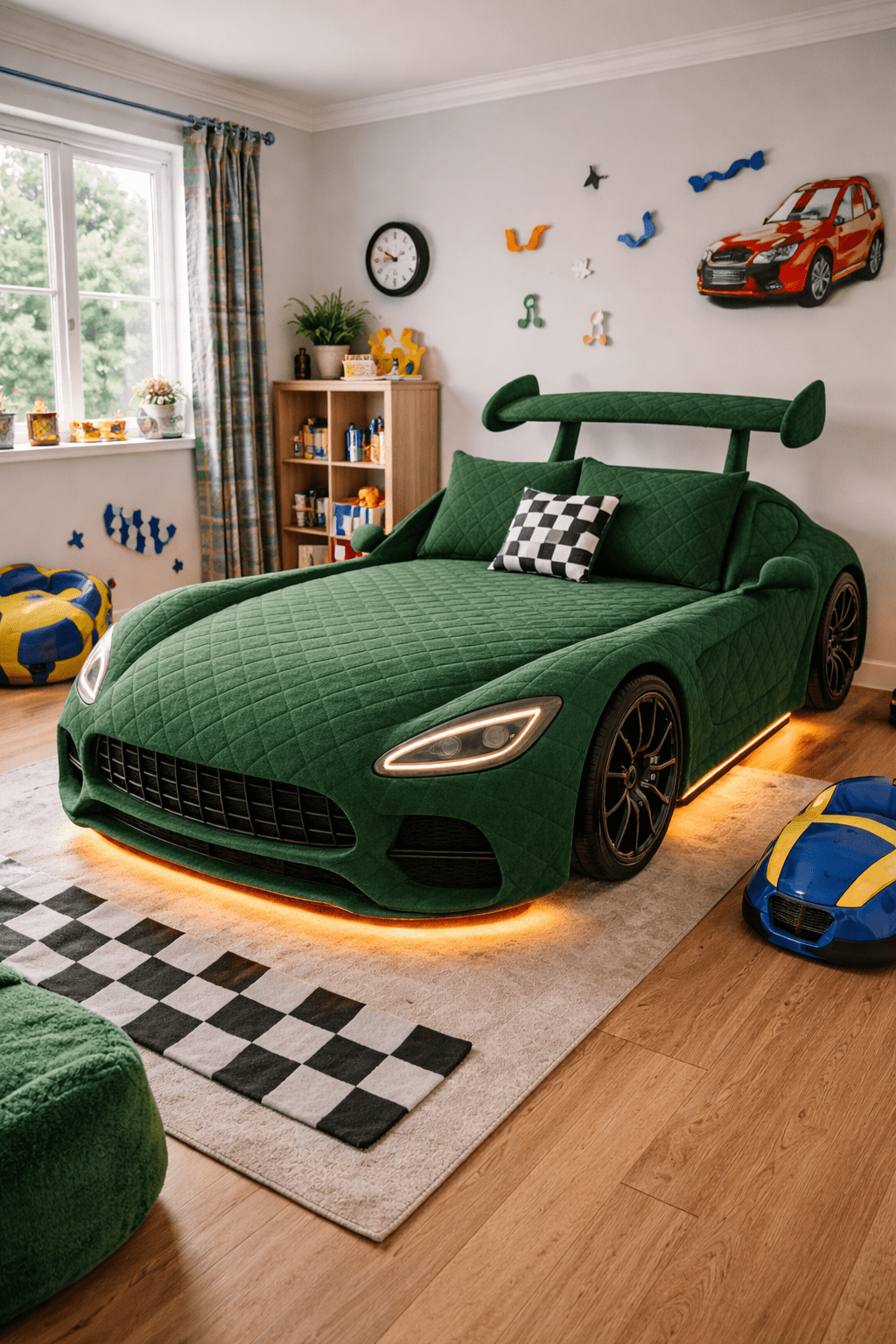 Green quilted bed with LED underglow in a modern child’s bedroom