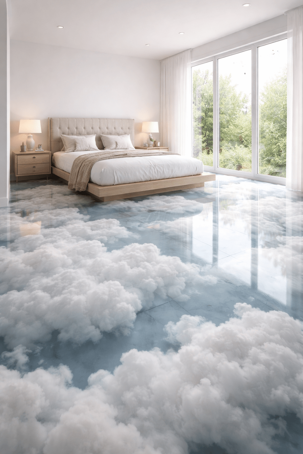 Minimalist bedroom with pale cloud resin floor reflecting daylight from large windows