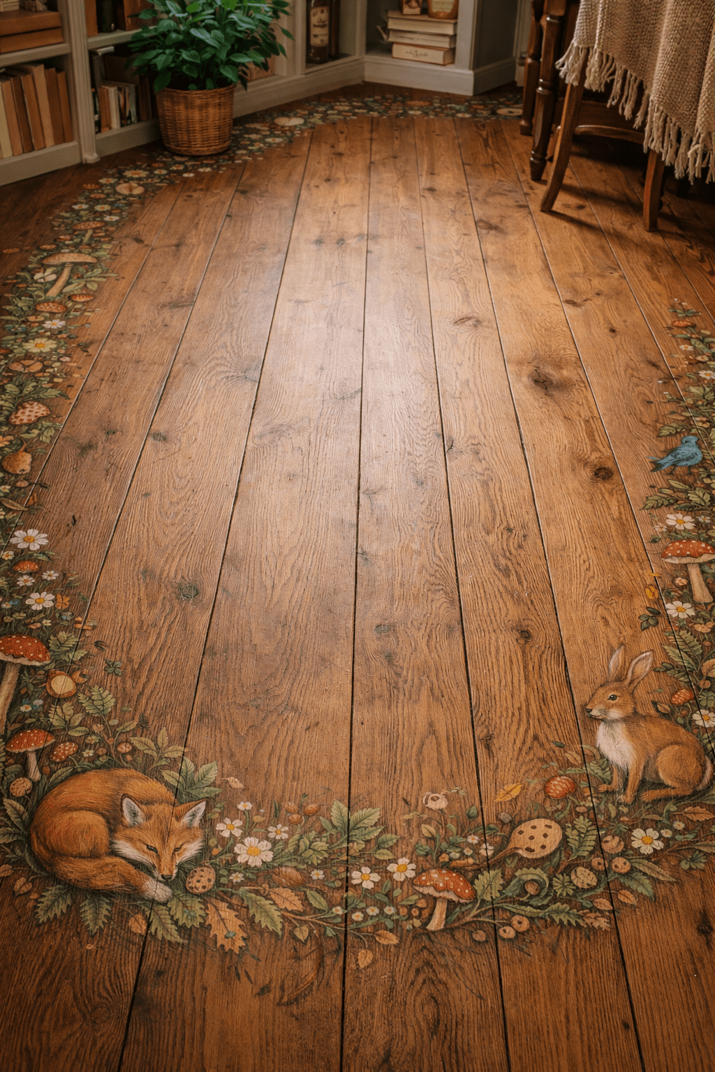 Hand-painted woodland border floor featuring fox, rabbit, mushrooms, and forest foliage on wooden boards