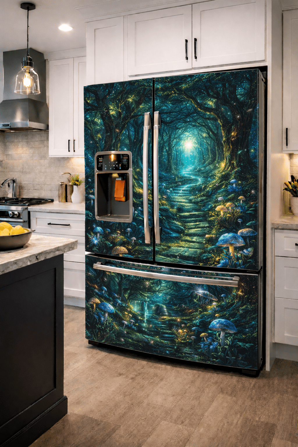Enchanted forest fridge wrap featuring a glowing woodland tunnel and magical path in a modern kitchen