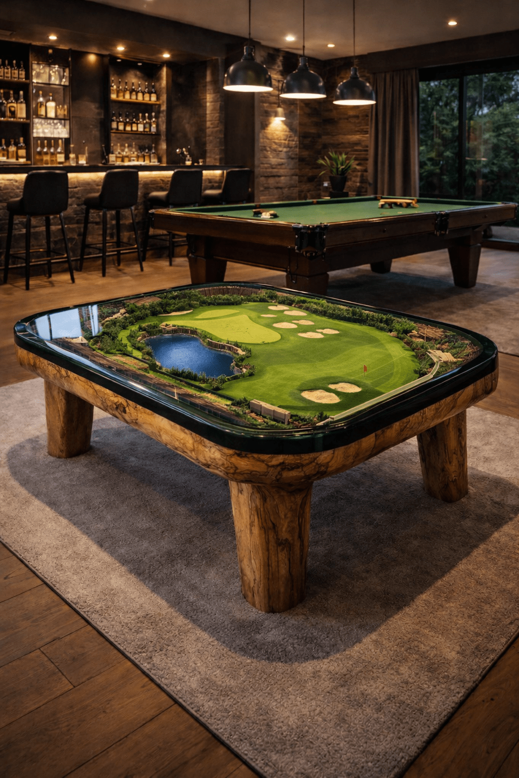Golf course coffee table featuring sand bunkers and water hazards under clear resin